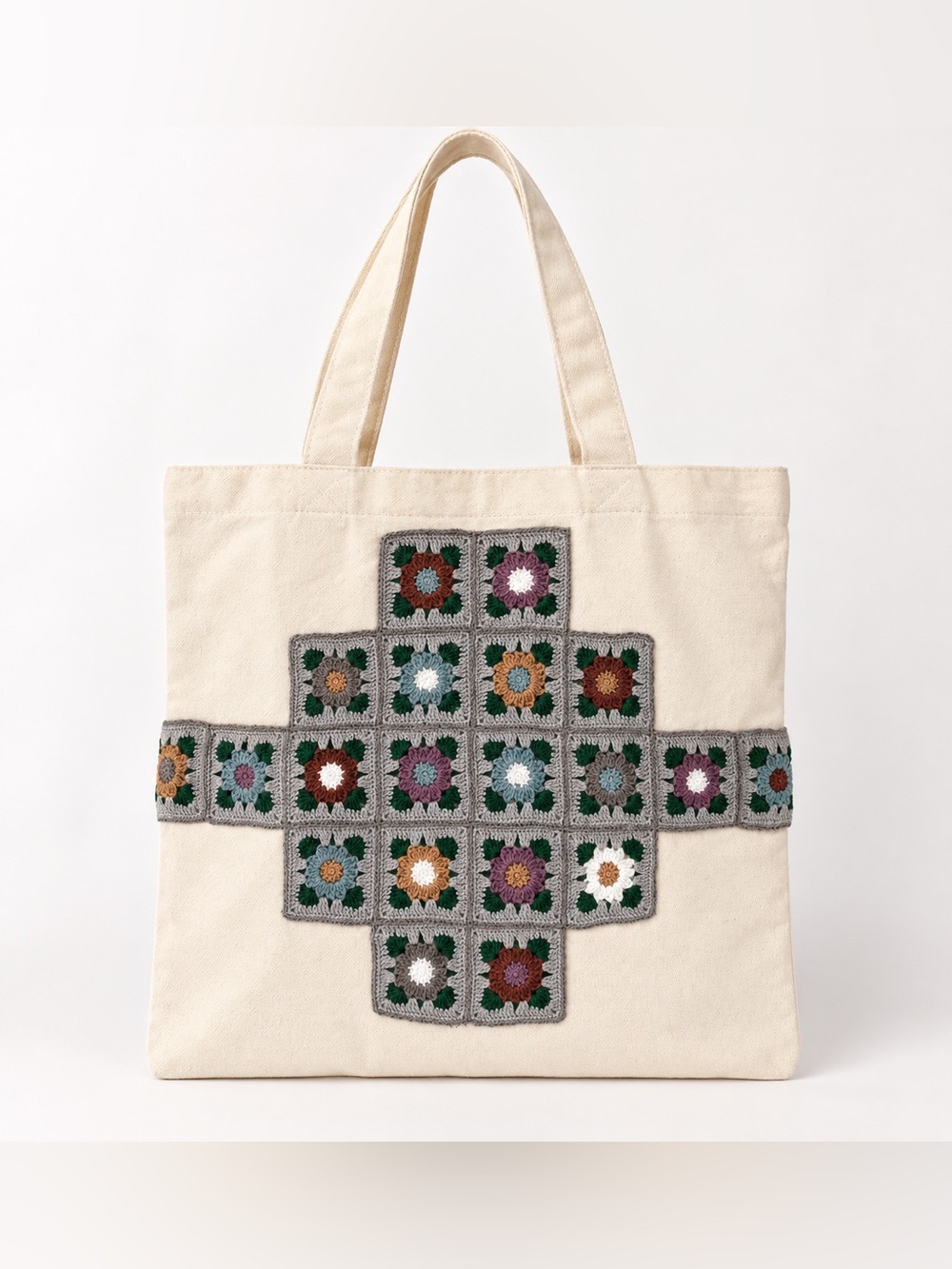 Handmade Crochet Granny Square Canvas Tote Bag Boho Floral